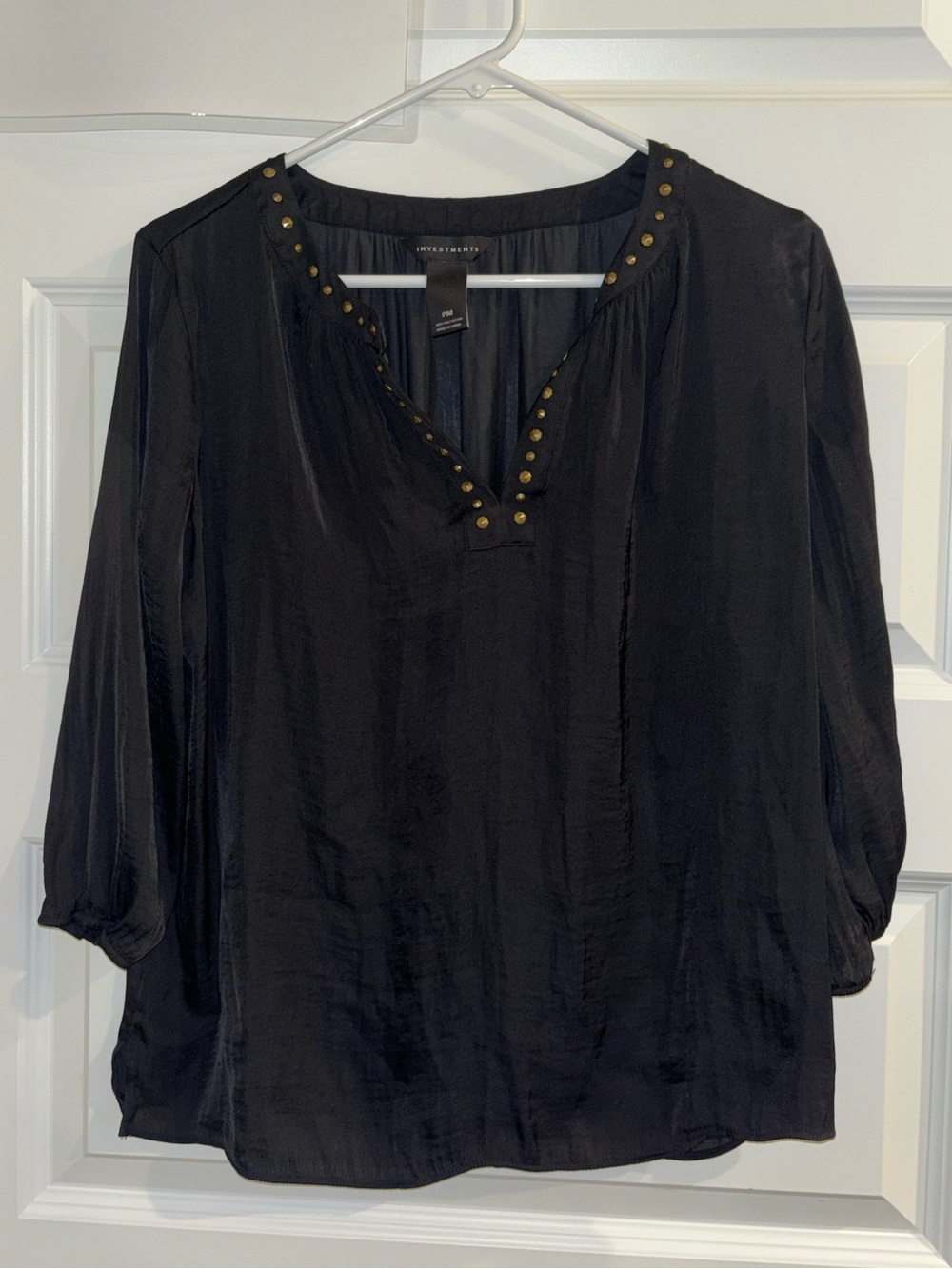 Investments Petite Medium Black Gold Studded Satin Blouse